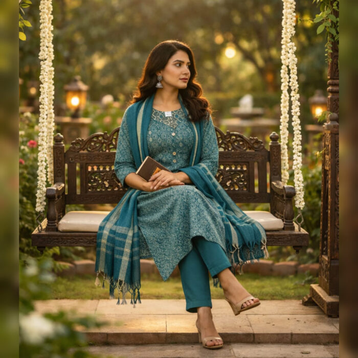 Elegant Teal Printed Kurta Set with Dupatta