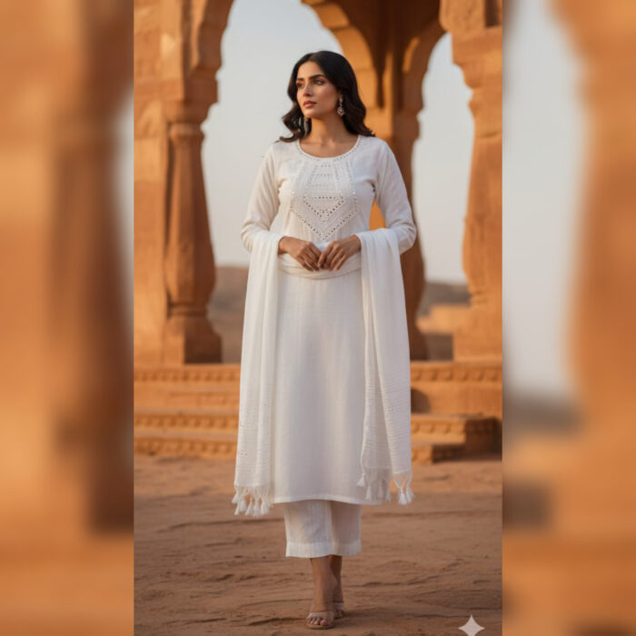 Elegant White Embroidered Kurta Set with Dupatta